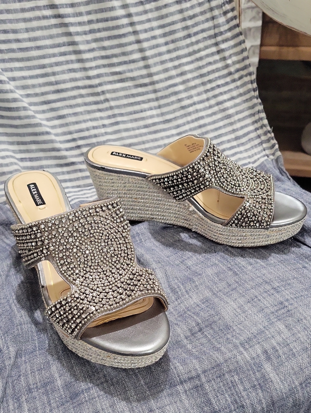 Alex Marie Womens Rhinestone Embellished Slide Wedge Sandals Silver Glam Sz 9